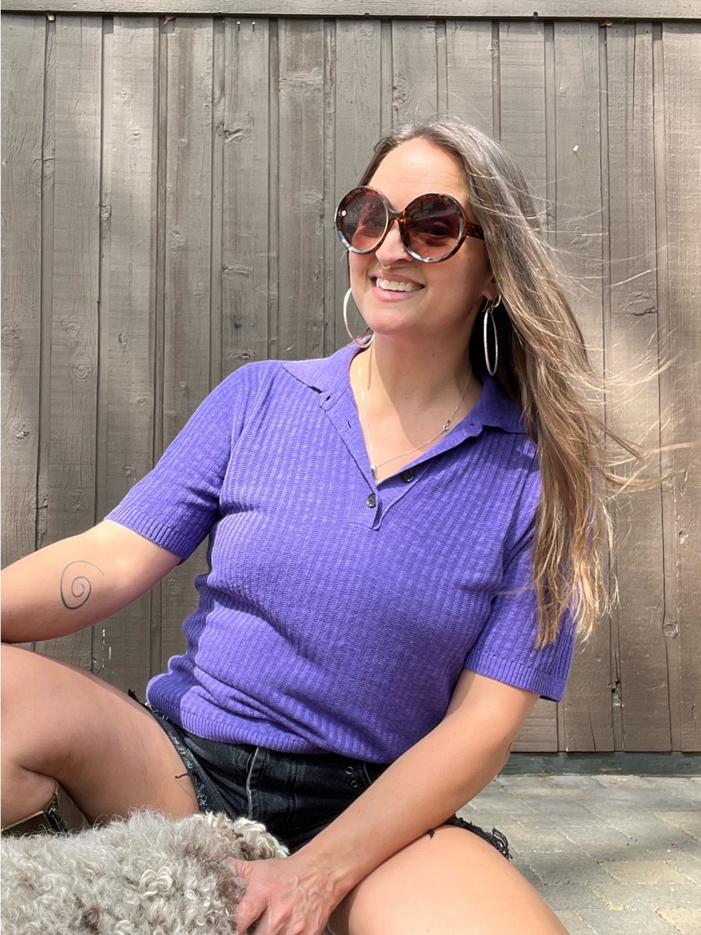 Poles Polo-Style Ribbed Cropped Short-Sleeve Shirt in Purple Medium